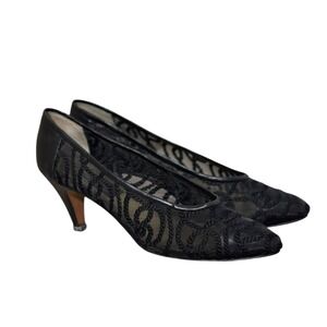 Sesto Meucci VNG Black Mesh Embroidered Pointed Toe Pumps Made in Italy Size 8N
